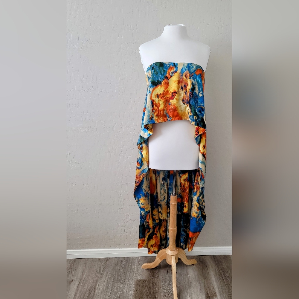 NWT Women's Satin Hi Low  Royal Water Color  Strapless Blouse